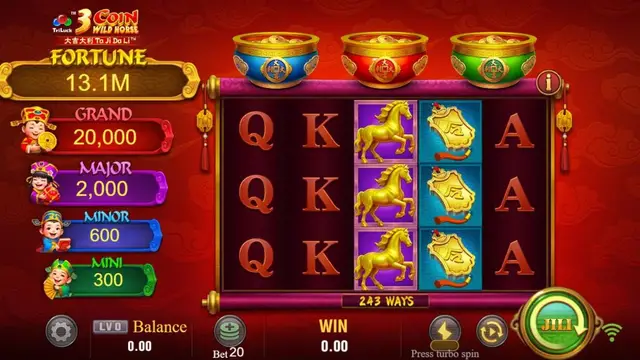 3 Coin Wild Horse game screen on JILI at BolehSpin
