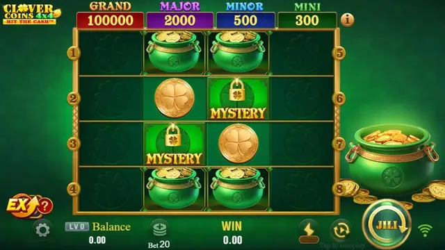 Skrin permainan Clover Coins 4x4 di JILI BolehSpin