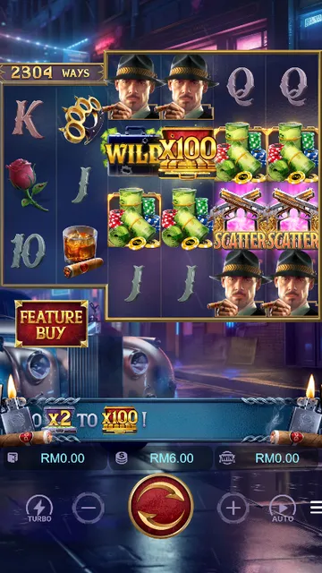 Skrin permainan Mafia Mayhem di PG Soft BolehSpin