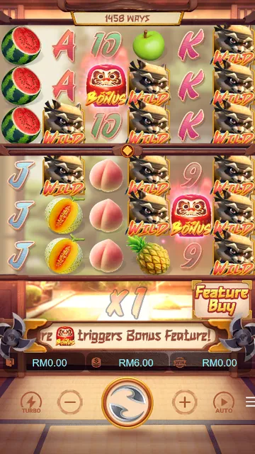 Skrin permainan Ninja Racoon Frenzy di PG Soft BolehSpin
