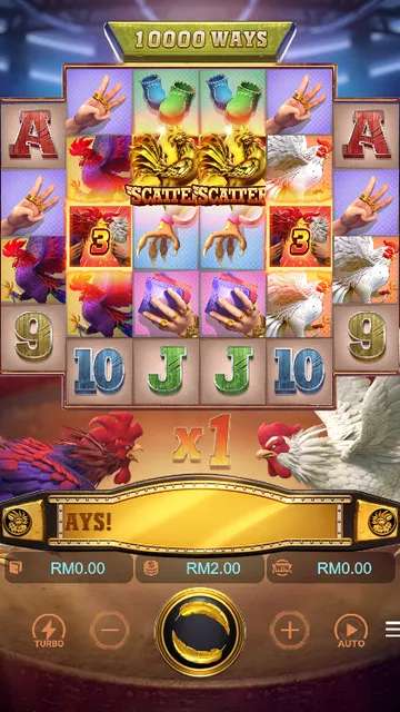 Skrin permainan Rooster Rumble di PG Soft BolehSpin