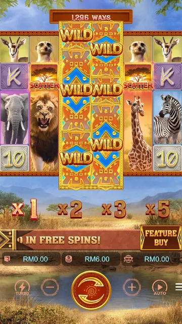 Skrin permainan Safari Wilds di PG Soft BolehSpin