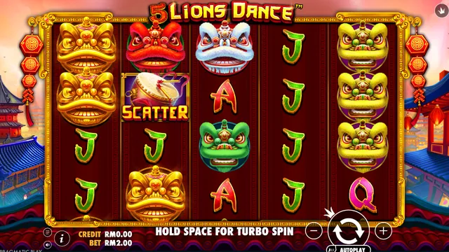 5 Lions Dance game screen on Pragmatic Play at BolehSpin