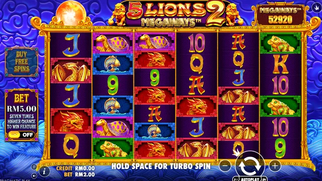 Skrin permainan 5 Lions Megaways 2 di Pragmatic Play BolehSpin