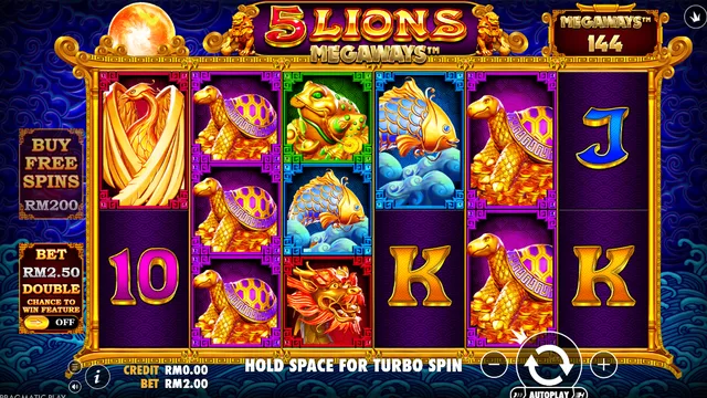 Skrin permainan 5 Lions Megaways di Pragmatic Play BolehSpin