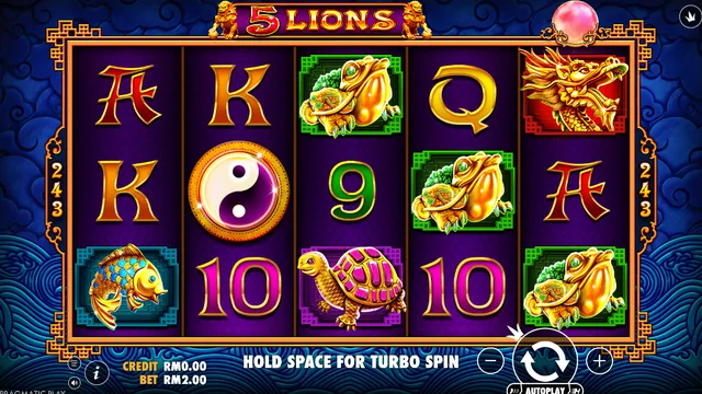 Skrin permainan 5 Lions di Pragmatic Play BolehSpin