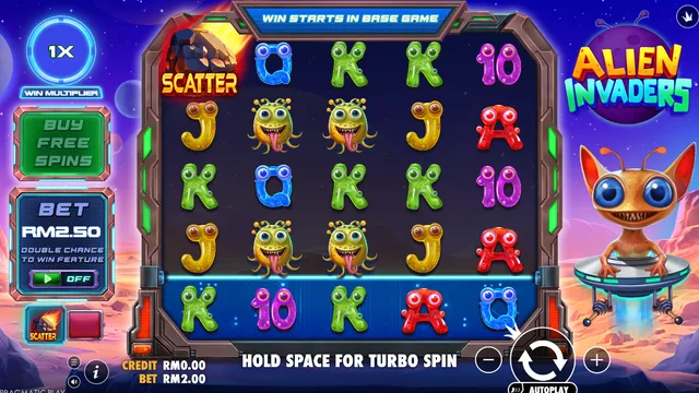 Alien Invaders game screen on Pragmatic Play at BolehSpin