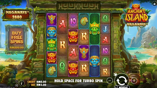 Skrin permainan Ancient Island Megaways di Pragmatic Play BolehSpin