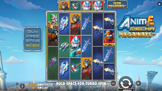 Skrin permainan Anime Mecha Megaways di Pragmatic Play BolehSpin