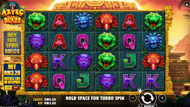 Skrin permainan Aztec Blaze di Pragmatic Play BolehSpin