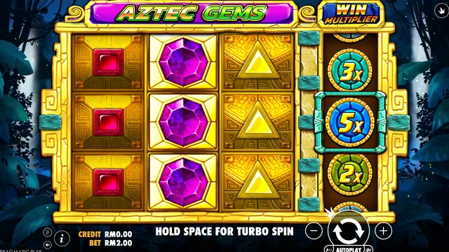 Skrin permainan Aztec Gems di Pragmatic Play BolehSpin