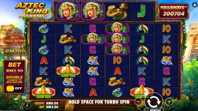 Skrin permainan Aztec King Megaways di Pragmatic Play BolehSpin