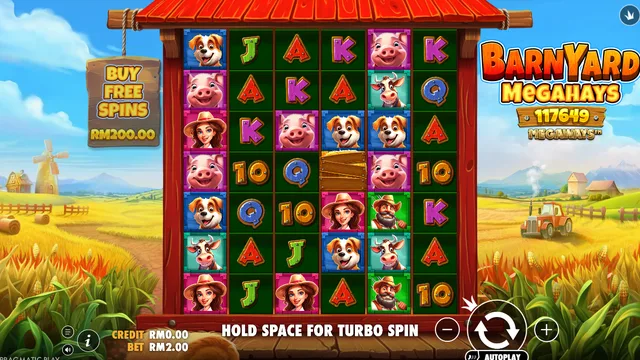 Skrin permainan Barnyard Megahays Megaways di Pragmatic Play BolehSpin
