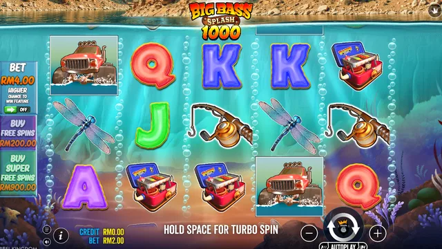 Skrin permainan Big Bass Splash 1000 di Pragmatic Play BolehSpin