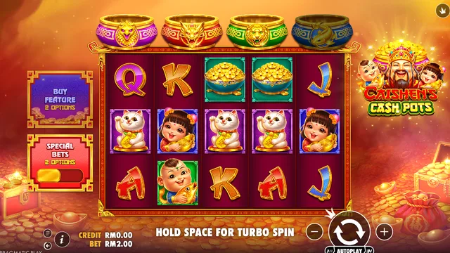 Skrin permainan Caishen's Cash Pots di Pragmatic Play BolehSpin