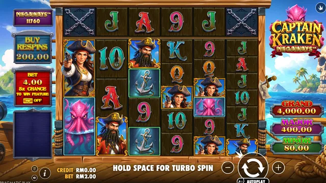 Skrin permainan Captain Kraken Megaways di Pragmatic Play BolehSpin