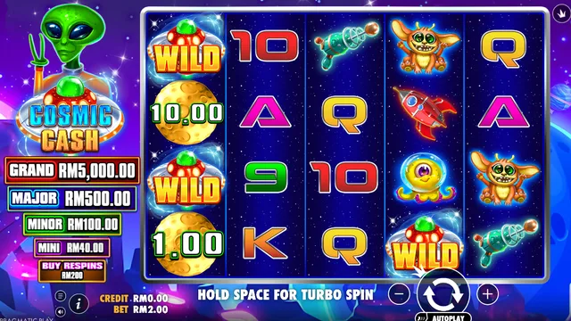Skrin permainan Cosmic Cash di Pragmatic Play BolehSpin