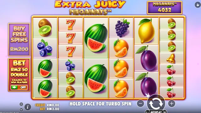 Skrin permainan Extra Juicy Megaways di Pragmatic Play BolehSpin