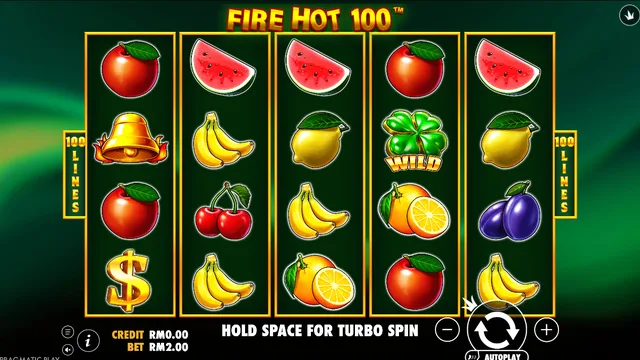 Skrin permainan Fire Hot 100 di Pragmatic Play BolehSpin