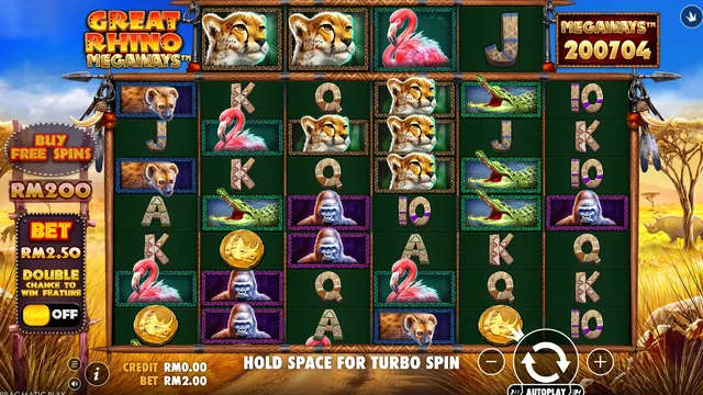 Skrin permainan Great Rhino Megaways di Pragmatic Play BolehSpin