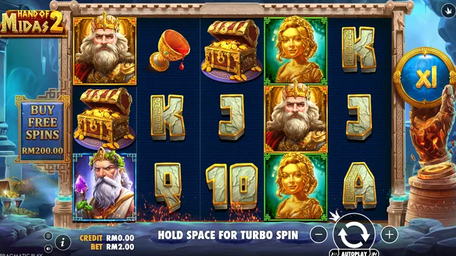 Skrin permainan Hand of Midas 2 di Pragmatic Play BolehSpin