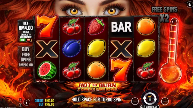 Hot to Burn 7 Deadly Free Spins game screen on Pragmatic Play at BolehSpin