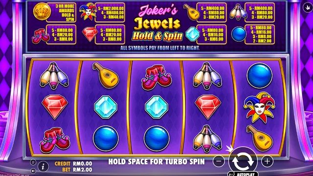 Skrin permainan Joker's Jewels Hold & Spin di Pragmatic Play BolehSpin