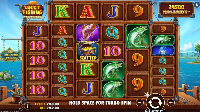 Lucky Fishing Megaways game screen on Pragmatic Play at BolehSpin