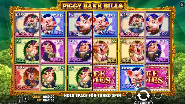 Skrin permainan Piggy Bank Bills di Pragmatic Play BolehSpin
