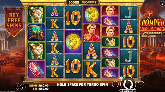 Skrin permainan Pompeii Megareels Megaways di Pragmatic Play BolehSpin