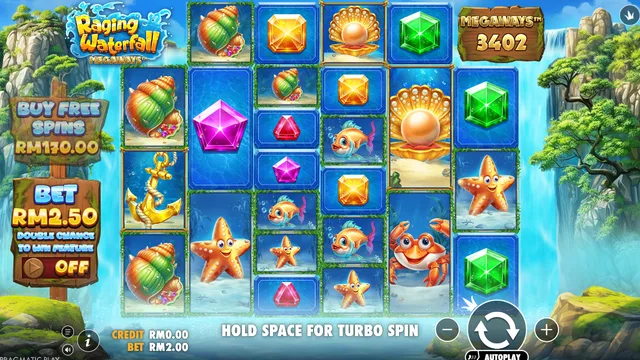 Skrin permainan Raging Waterfall Megaways di Pragmatic Play BolehSpin