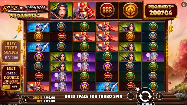 Skrin permainan Rise of Samurai Megaways di Pragmatic Play BolehSpin