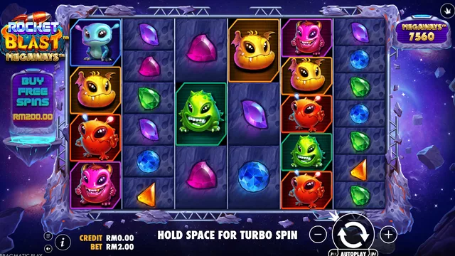 Skrin permainan Rocket Blast Megaways di Pragmatic Play BolehSpin
