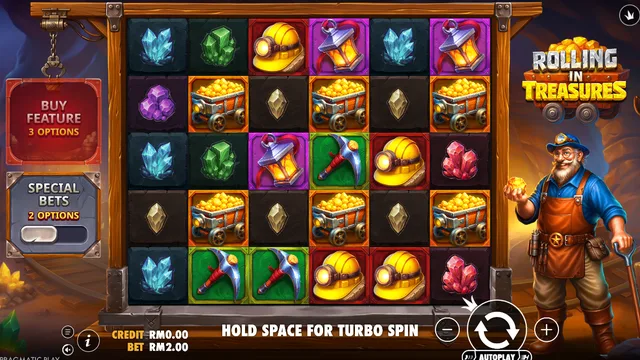 Skrin permainan Rolling in Treasures di Pragmatic Play BolehSpin