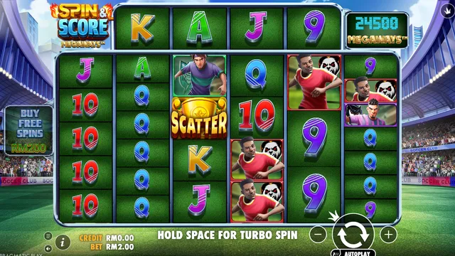 Skrin permainan Spin & Score Megaways di Pragmatic Play BolehSpin