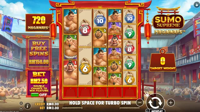 Skrin permainan Sumo Supreme Megaways di Pragmatic Play BolehSpin