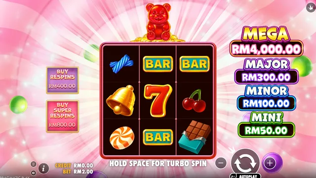 Super Gummy Strike game screen on Pragmatic Play at BolehSpin