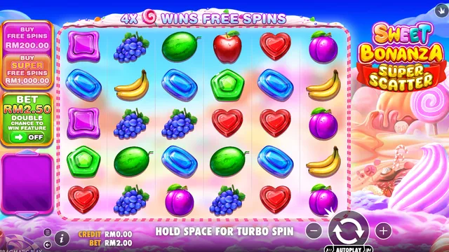 Skrin permainan Sweet Bonanza Super Scatter di Pragmatic Play BolehSpin