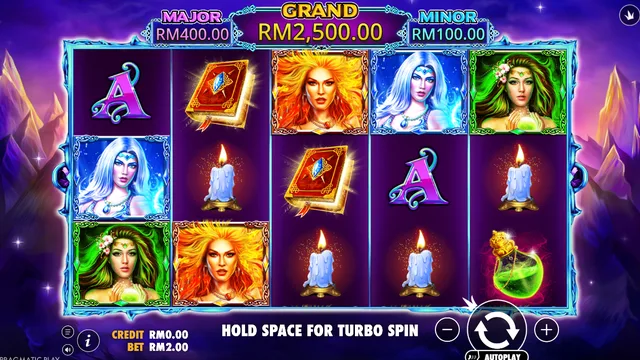Skrin permainan Wild Spells di Pragmatic Play BolehSpin
