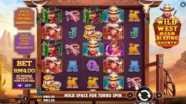 Skrin permainan Wild West Gold Blazing Bounty di Pragmatic Play BolehSpin