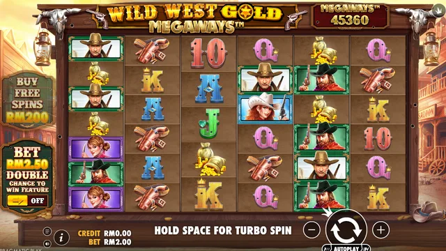 Skrin permainan Wild West Gold Megaways di Pragmatic Play BolehSpin