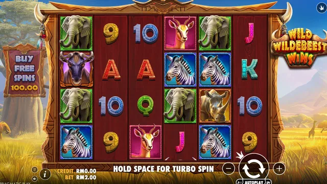 Skrin permainan Wild Wildebeest Wins di Pragmatic Play BolehSpin