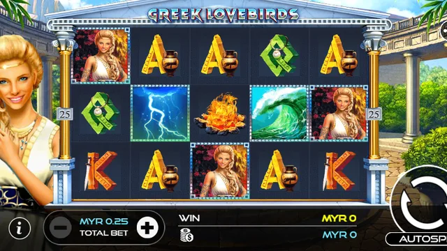 Greek Lovebirds game screen on UU Slots at BolehSpin
